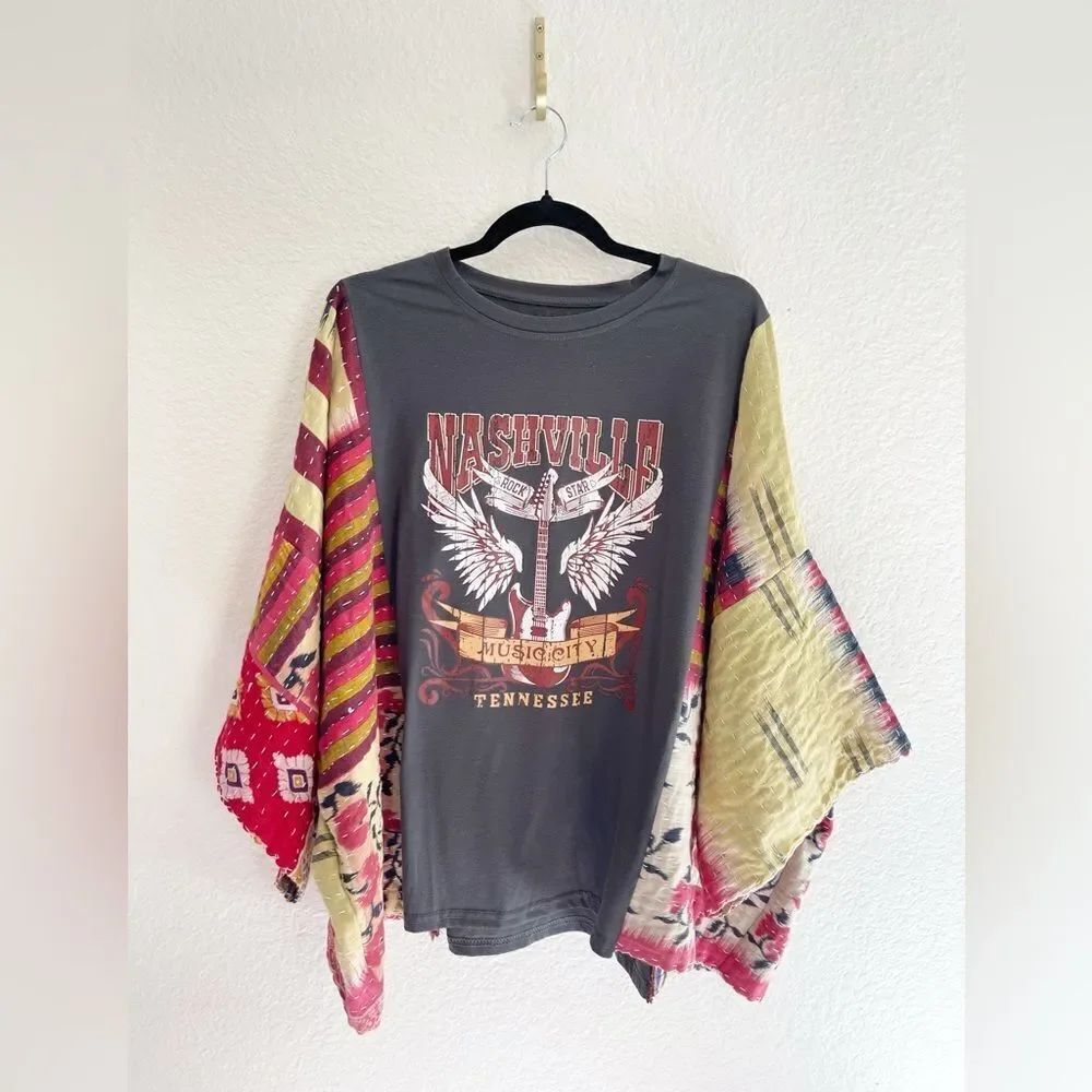 Up cycled Kimono Western graphic, Cash Nirvana Kantha Patchwork graphic band T’s